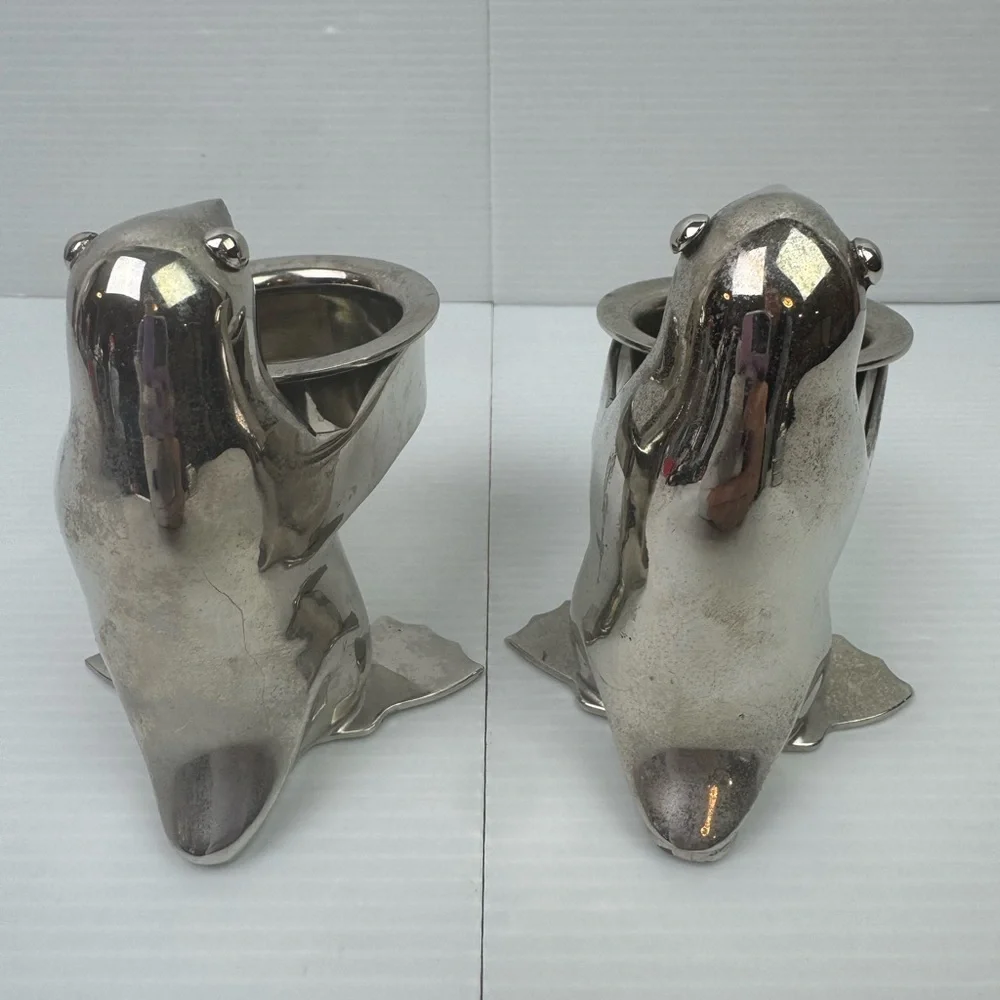 Pair2 Restoration Hardware Silver Plate Penguin Butler Sauce Dish Candle Holder